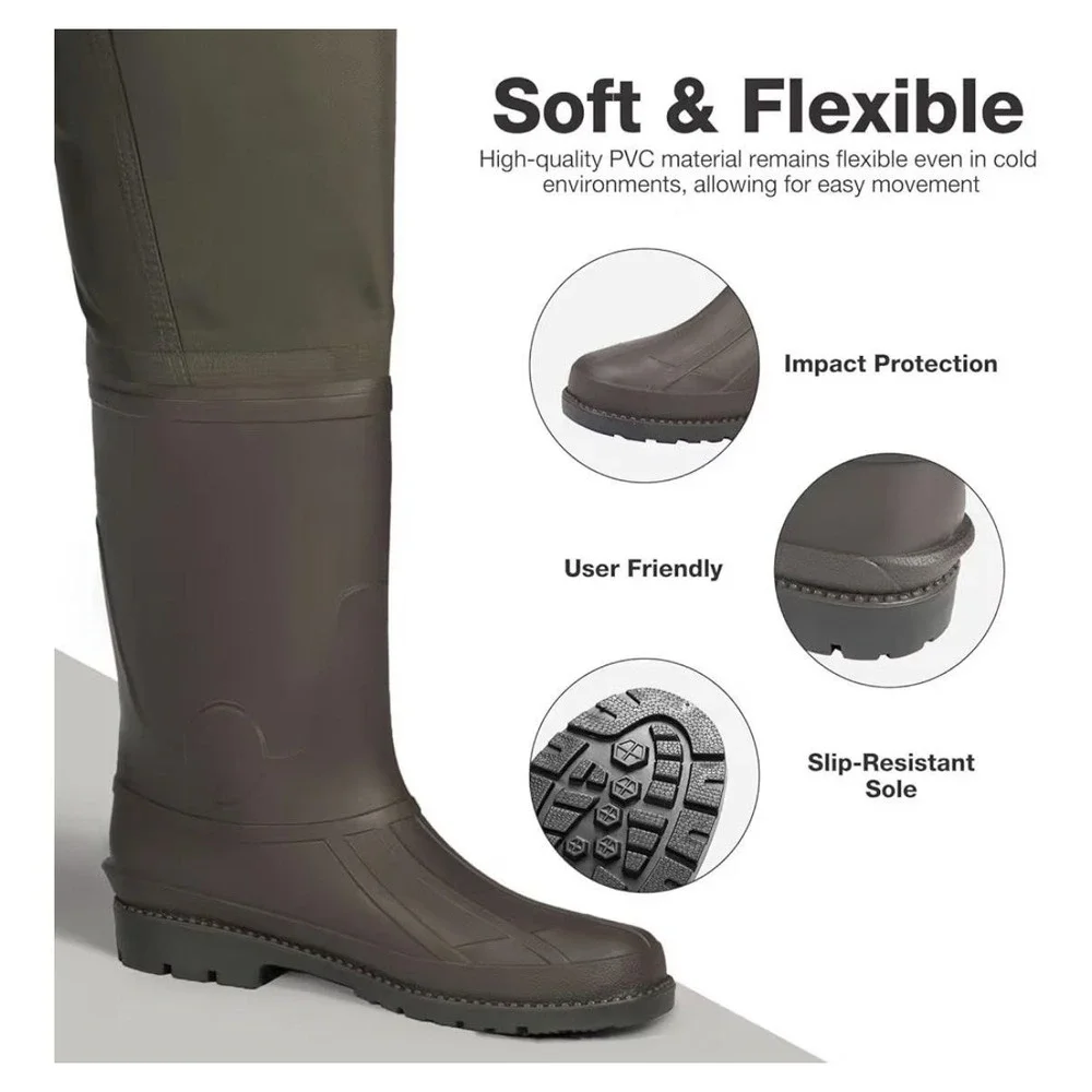 HISEA Bootfoot Hip Waders Mens 10 Green Nylon PVC Waterproof Fishing Boots